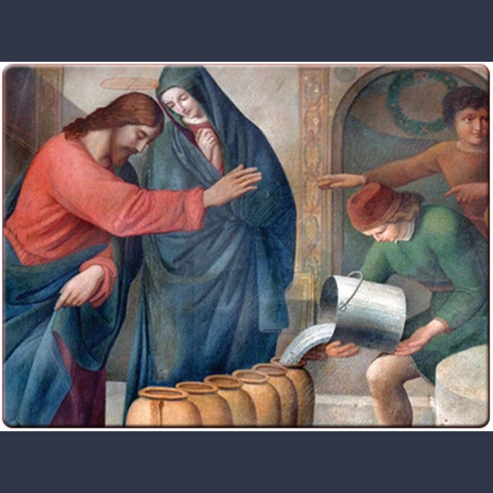 Jesus turns water to wine.
